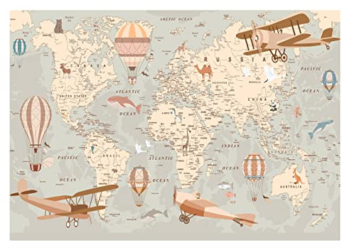 Papel Pintado Infantil Mapa mundi Avión Niño - Impresión de látex - Incluye Pegamento - Fotomurales Pared Tejido No Tejido Decorativos Murales Fotográfico Moderno Decoración de Paredes (254x184 cm)