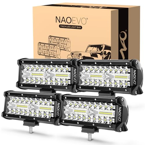 NAOEVO 7 Inch LED Light Bar, 480W 48,000LM LED Offroad Fog/Driving Lights with Spot Flood Combo Beam, Work for Truck Boat ATV UTV, 4 Pcs (White)