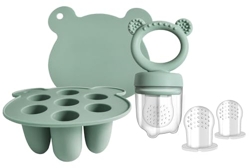 Silikon Fruchtsauger Baby: Schnuller und Muttermilch, Eis am Stiel, Gefrierschrank, Aufbewahrungsbehälter für Babynahrung, Eiswürfel für Babyzahnen und Selbstfütterung (Green)