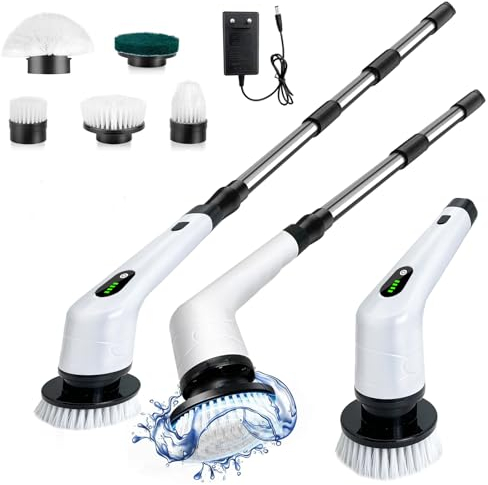Elektrische Reinigungsbürste,Electric Spin Scrubber schnurlos mit 130cm verstellbarem Griff,5 Austauschbaren Bohrbürstenköpfen, 2 Gang,Wanne und Bodenfliese mopSet für Bad Küche Auto Fußboden