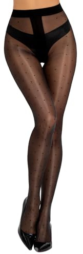 MANZI 20 Denier Fashion Black Polka Dot Patterned Tights Oil Shiny Ultra Sheer Gloss Pantyhose for Women L-XL