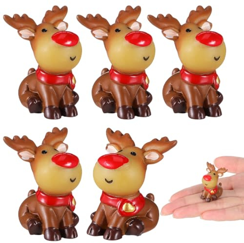 Yardwe 5PCS Miniature Reindeer Figurines Christmas Mini Reindeer Deer Elk Statue Resin Animal Cake Toppers Fairy Garden Decoration (Sitting)