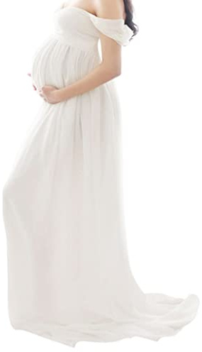 BEAHING Ropa de fotografía de Maternidad, Vestido de Maternidad Lady Chiffon Off Shoulgy Photography Maxi Vestido Madre Vestido de Arrastre, Vestido de Gasa de Maternidad, White S