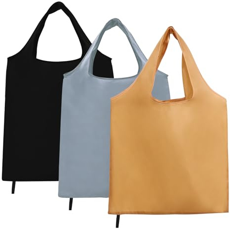 HUSOUE Faltbare Einkaufstasche, 3 Stück Oxford Stoffbeutel Wiederverwendbare 46 x 41cm Einkaufsbeutel Wasserdicht Schwarz/Grau/Khaki Shopping Bag für Einkaufen Picknick Camping