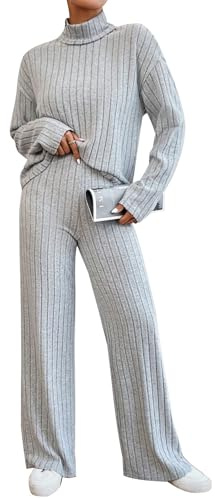 EFOGEP Womens Pyjamas Set: Ladies Loungewear 2PCS Pjs Long Sleeve Ribbed Knit Turtleneck Nightwear Pullover Top Jumpers and Wide Leg Trousers Leisure Suits Homewear Winter Warm Sleepwear Light Grey L