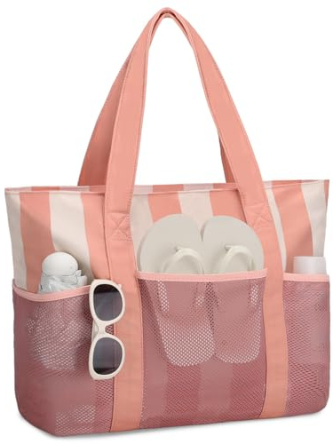 VASCHY Bolsa Playa Grande XXL Familiar, Bolsa de Playa Mujer de Malla con Cremallera Plegable Tote Bag Multifuncional para Viaje Shopper Picnic Trabajo, Rosa Beige