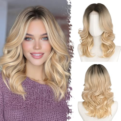 BARSDAR Corto Ondulato Biondo Ombre Parrucca, Shoulder Lunghezza Ombre Biondo Parrucche per Donne Body Wave Layered Parrucca con Curtain Bangs Aspetto Naturale Sintetico Capelli Parrucche Partito