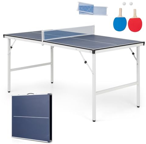 COSTWAY 152,5 x 76 cm Tischtennisplatte klappbar, Mini Tischtennistisch wetterfest, Ping Pong Tisch mit Netz, 2 Schlägern & Bällen, vormontierter Freizeitstisch für Indoor & Outdoor
