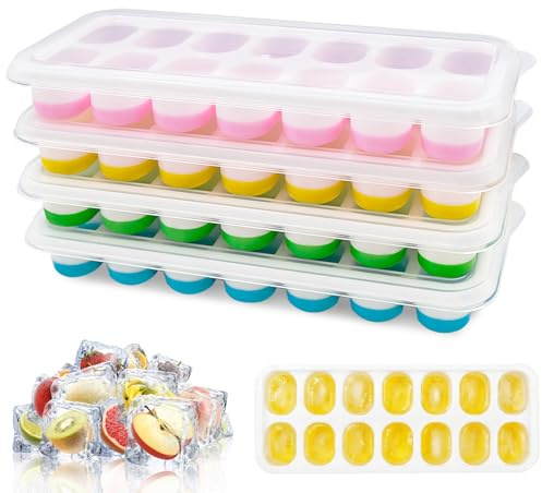 Stampo per cubetti di ghiaccio in silicone con coperchio, 4 confezioni di contenitori impilabili per cubetti di ghiaccio per baby food, cocktail, whiskey e caffè - Sicuro e sano, blu, verde, rosa