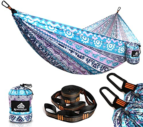 NATUREFUN Ultraleichte Reise Camping Hängematte | 300 kg Tragkraft (275 x140 cm),Atmungsaktiv,Schnelltrocknendes Hängematten |2 x Premium Karabiner,2 x Schlingen Inbegriffen | Draußen Drinnen Garten