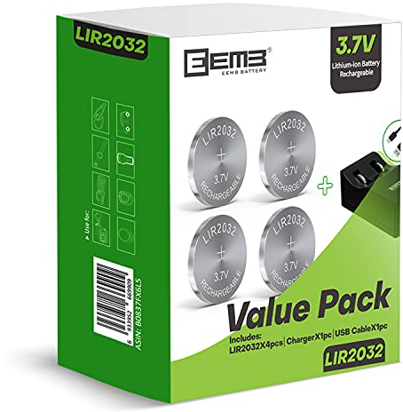 EEMB LIR2032 Caricabatteria ricaricabile con 4PCS 3.7V batteria a bottone a gettoni agli ioni di litio 45mAh per l'orologio portachiavi remoto dell'automobile
