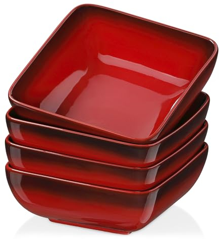 LOVECASA Tafelservice, 4er Set quadratische Schalen aus Steinzeug, Müslischalen, Suppenschalen, Dessertschale, Schüssel Set für 4 Personen, 800ML, rot