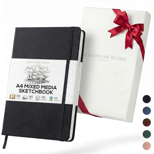 Beechmore Books A4 Sketchbook – 8.5x11 Premium Vegan Leather Bound Large Sketch Book Hardcover With 156 Thick 160gsm Perforated Ivory Pages, Blank Sketch Pad, Gift Boxed, Back Pocket, Ribbon Bookmark
