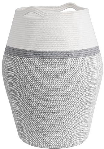 Laundry Basket Laundry Hamper Dirty Clothes Basket Wicker Cotton Rope Hamper Tall Woven Blanket Baskets with Handle Modern Curve Bucket Bedroom Living Room Nursery Decort 65cm Height, Grey