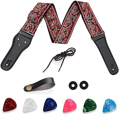 MOLENCO Gitarrengurt 50 mm Breit Jacquard Stickerei Guitar Strap mit Lederenden 6 Gitarrenplektren 2 Gurtschlössern Verstellbarer Gurt für E-Gitarre Bass Leder Akustikgitarre - Rotgrau