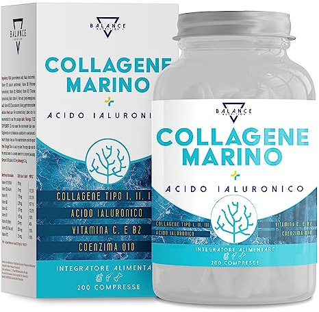 BALANCE NUTRITION COLLAGENE MARINO - 200 Compresse (fino a 7 mesi di fornitura) Collagene e Acido Ialuronico | Collagene di tipo I, II e III con Complex di 7 attivi, Vitamina C e Coenzima Q10