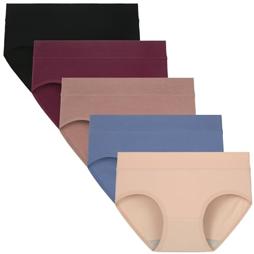 TUTUESTHER Cotton Underwear for Women Mid Rise Full Briefs Stretchy Ladies Hipster Panties 5Pack(Medium, Black/Deep Red/Khaki/Nude/Grey Blue)
