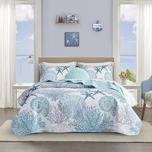Tritard Set di biancheria da letto reversibile in microfibra, 3 pezzi, per letto king size, motivo costiero, con 2 federe, morbido e leggero, biancheria da letto da spiaggia, copriletto estivo per