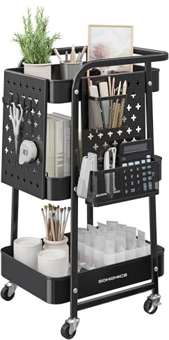 SONGMICS Rollwagen, Küchenwagen, 3 Metallgitterablagen, Servierwagen, 2 abnehmbare Lochplatten, 2 Hängekörbe, 4 Haken, für Büro, Küche, Wohnzimmer, Badezimmer, tintenschwarz LRC037B01