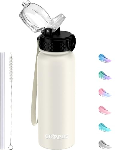 GOPPUS 600ml/20oz Stainless Water Bottle with Straw Double Wall Insulated Bottles with Strap One Hand Open Vacuum Thermal Flask Leakproof Keep Cold Bottles with Flip Top Lid BPA Free (Beige)