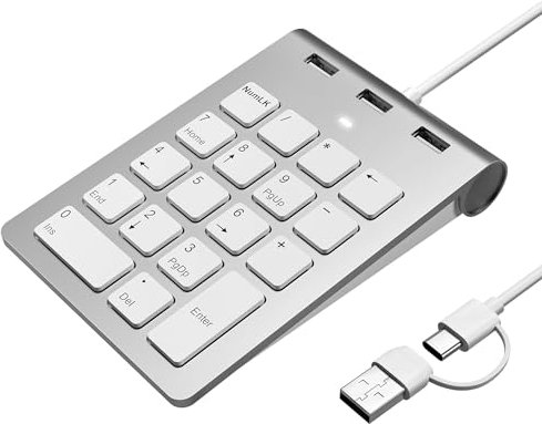 Suejezt Numeric Keypad Wired Numpad, USB A/USB C Ziffernblock Ergonomischer Mini Nummernblock mit 3 USB 2.0 Ports, 18 Tasten, Office Rechennummernblöcke für Laptop, Notebook, Desktop, Computer, PC