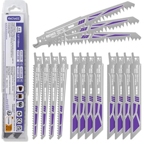 FACIACC Juego de 15 hojas de sierra de sable para metal y madera, CRV y BIM, con clavos, plástico, tubos metálicos