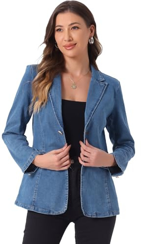 Allegra K Notched Lapel Denim Blazer for Women's Casual Work Long Sleeve Shoulder Pad Jean Jackets X-Small Light Blue