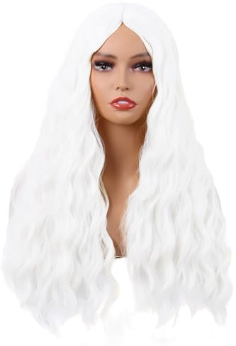 MapofBeauty 28 Pulgada/70 cm Largo Wavy Pelucas Middle Part Sintética Fibras Rizo Cabello Reemplazo Peluca Para Fiesta de Cosplay Diario (Blanco)