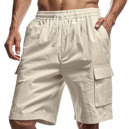 Aoouekul Shorts Herren Sommer Leinen Herrenhose Kurz Strandshorts Jogginghose Locker Freizeithose mit Tasche (Khaki,XL)