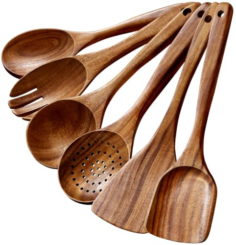 Premium Teak Wooden Spoons for Cooking, 6-Piece Wood Kitchen Utensils Set for Nonstick Cookware - Heat Resistant, Natural Healthy Spatula Set with Hanging Holes - Durable, Scratch-Free & Handcrafted