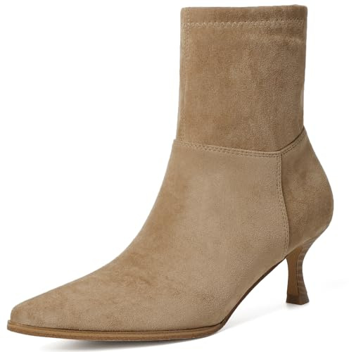 RIBONGZ Brown Boots for Women Stiletto Kitten Heel Sexy Cowgirl Ankle Booties Side Zipper Pointed Toe Low heels Fall Dressy Mid Calf Short Fashion Winter Leather Work Party Office Shoes Size 8