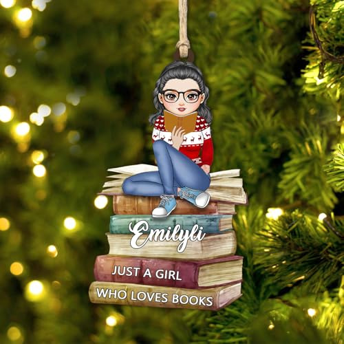 Just a Girls Who Love Books Ornament, Personalized Book Lover Ornament for Christmas Tree Decoration, Customized Name Book Theme Reading Books Ornaments Gift for Teacher, Reader, Bookworm (style03)