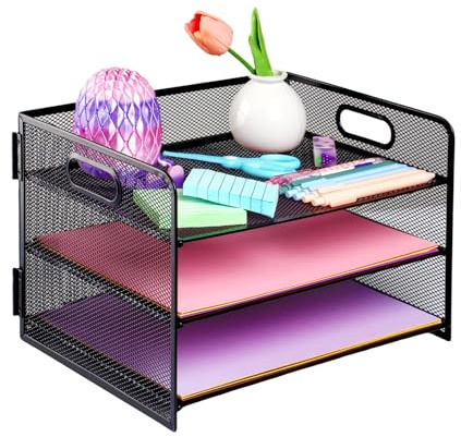 EasyOFC 3-Tier Mesh Desk Organiser, Letter Tray with Handle, A4 Paper File Holder for Office Home School, Black