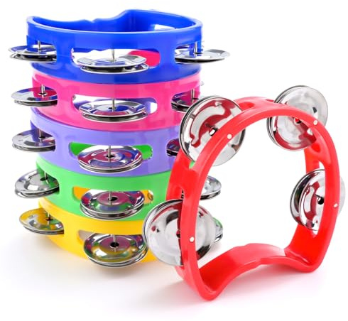 BOUBONI 6 Pack Colorful Tambourine for Kids Adult Plastic Handheld Tambourine Musical Instruments with 4 Metal Jingles for Classroom, Preschool, Family Band and Party Supplies