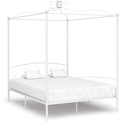 Bucmath Himmelssängsram, vit, metall, 160 x 200 cm, robust plattformssäng med ribbotten, eleganta sovrumsmöbler, hållbar sängram