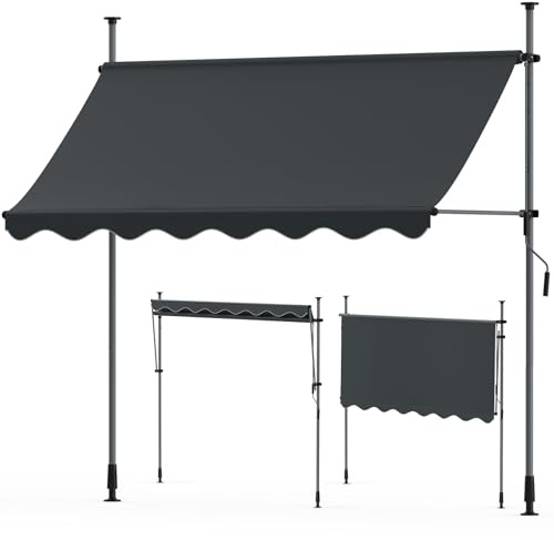 Huracan Store de balcon rétractable sans perçage, 250 x 120 cm, avec manivelle manuelle, réglable en hauteur, sans perçage, résistant aux UV et étanche, protection solaire, gris