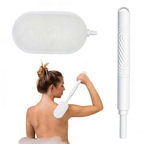 Brosse a Dos pour Douche en Silicone Long Manche Réglable, Brosse de Douche pour Le Dos, Corps et Pieds Exfoliante Massante Idéal pour Seniors et Adultes Accessoire Salle de Bain (Blanc)