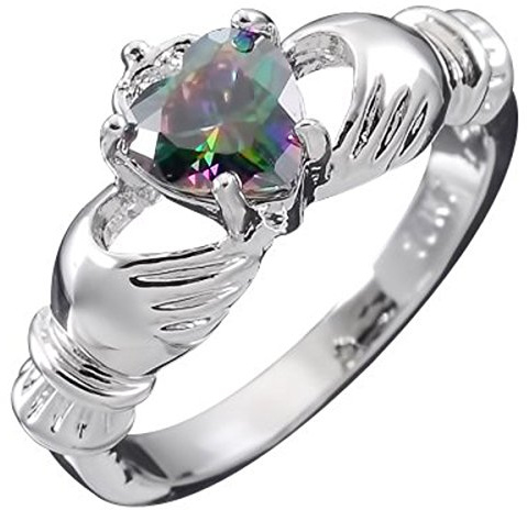 GWG Jewellery Anello Argento Sterling Claddagh con Cuore in Multicolore Topazio, Mani e Corona - 9 in Confezione Regalo per Donne