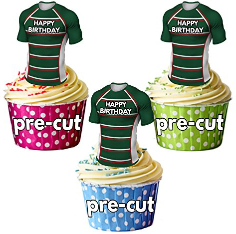 AK Giftshop PRECUT Happy Birthday Rugby Shirts - Edible Cupcake Toppers/Cake Decorations Leicester Tigers Colours (Pack of 12)