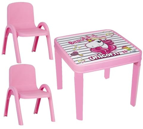 A406 Kids Children Plastic Home Garden Folding Foldable Table & 2 Stackable Chairs Set (Pink)