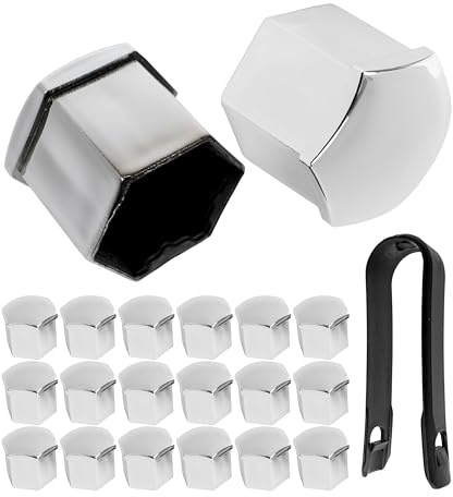 Hjulbult- och mutterkåpsats, 21-delad, för 21 mm sexkantsbultar och muttrar, min. Ø 28 mm hjulbultshål, hjulmutterkåpor i blankt silver, 1 x verktyg, hjulbultkåpa