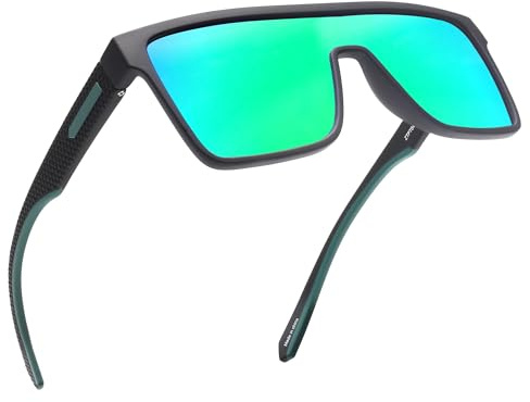 GLINDAR Occhiali da Sole con Scudo Polarizzato per Uomo Occhiali Sportivi Quadrati a Superficie Piatta Montatura Nera/Lente Verde Specchiata