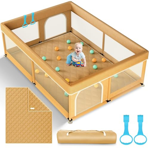 Omzer Baby Playpen with Mat 71×59 - Extra Large Playpen for Babies and Toddlers with Mat Included, Safety Playard for Baby with Gate, All-Wrapped Soft Sponge Baby Gate Playpen with Stable Mat Velcro