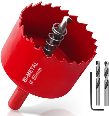 Yeepeo Sierras de Corona 50mm, M42 HSS Bi-Metal Corona Taladro con Adaptador Hexagonal y Taladro, Corona Metal para Pladur Madera Plástico, 1 pieza Rojo