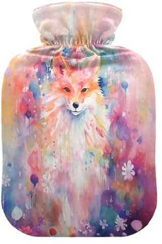 Wärmflasche mit Bezug, Motiv: Blume, Fuchs, weich, warm, für Winter, Bett, Hand, Hals und Schultern, 2 l