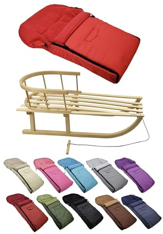 Kombi-erbjudande [träsläde universell vinteråkpåse 90 cm] kälke med ryggstöd och dragrep, fotsäck, lämplig för babystol, barnvagn, buggy med termofleece (röd)