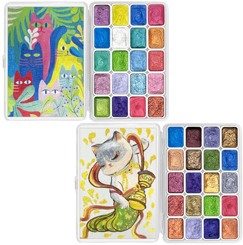 CraftyManor Mini Forestry Shifting Watercolour Painting Set - 40 Color Shifting Water color Paints, Shimmer Metallic & Glitter Watercolor Paints, Matisse & DunHuang Style