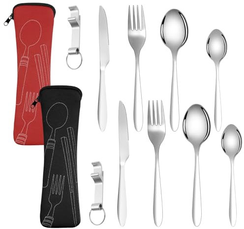 Vicloon 2 Pezzi Posate da Viaggio, Set di Posate Acciaio Inox con Borsa, Coltello, Forchetta, Cucchiaio, Apribottiglie per Viaggi, Campeggio, Ufficio, Scuola, Lavabili in Lavastoviglie (Rot/Schwarz)