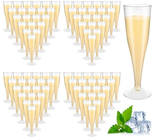 AKOLAFE 100 stycken champagneglas plast, 160 ml champagneglas, återanvändbara glasburkar med silverglitter, BPA-fritt champagneglas, transparent, stapelbara champagneglas, rosa för bröllop