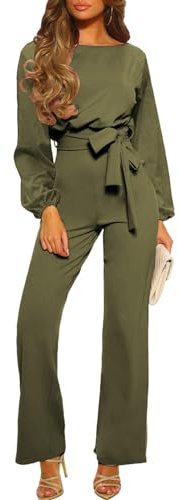 Monos Elegantes para Mujer, Manga Larga con cinturón, pantalón de Pierna Ancha, Mono, Trajes para Invitados de Boda (Verde,L)
